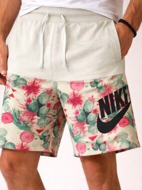Nike Shorts Mens Medium N7 Floral Cactus Print Athletic Sweat Shorts Beige